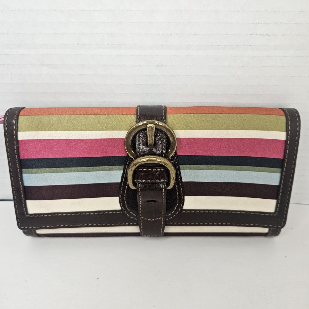 Coach Large Legacy Stripe Garcia Wallet Brown Leather Trim Satin Pink Bronze VTG